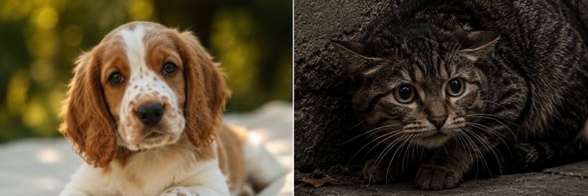 A cocker spaniel puppy and a tabby cat, side by side